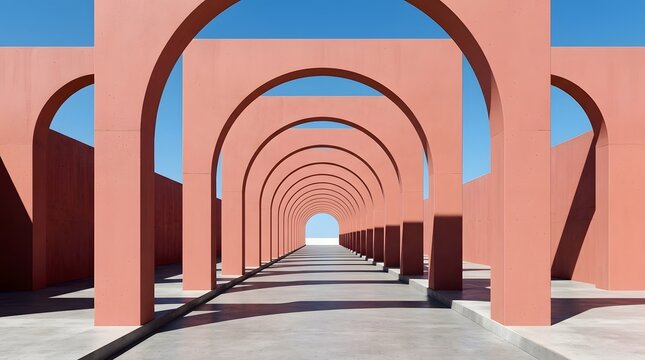 Expansive modern architectural corridor formed by peach-toned arches leading towards a bright, clear blue sky, creating a repetitive visual journey