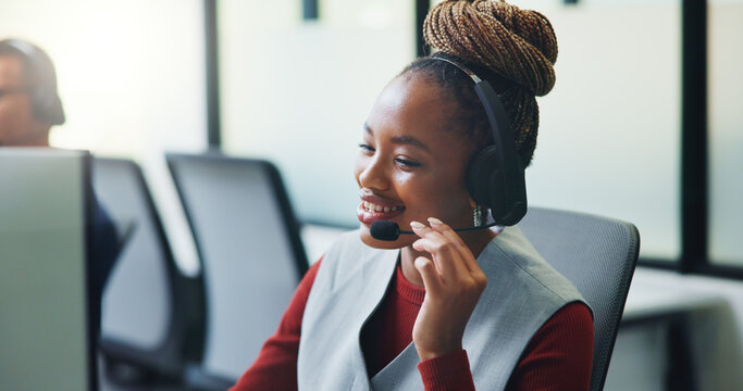 Telemarketing, woman or mic at computer in call center for cold calling, explain offer or agent. Tech, happy sales consultant or talking on headset for product knowledge, upsell service or coworking