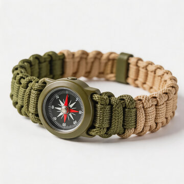 This is a woven paracord survival bracelet featuring a mounted analog compass, designed for outdoor navigation and emergency use with dual-tone cordwork.