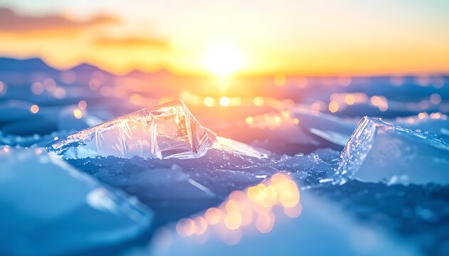 Ice chunks on frozen lake at sunset.