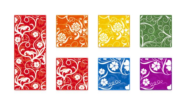 Floral pattern collection with colorful damask swatches, set of 7 decorative botanical tiles, elegant swirls and flower motifs for textile design