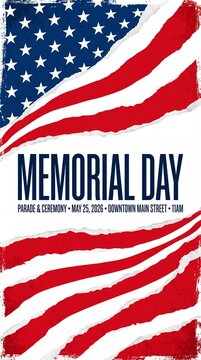 Memorial day parade and ceremony event poster with american flag background