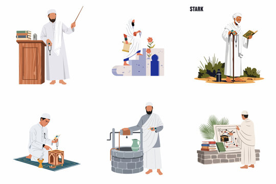 Set of illustrations depicting Muslim men in white traditional clothing performing religious rituals, studying Islamic texts, and preparing for pilgrimage to Mecca.
