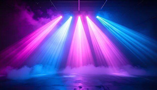 Vibrant stage lights with fog effect.
