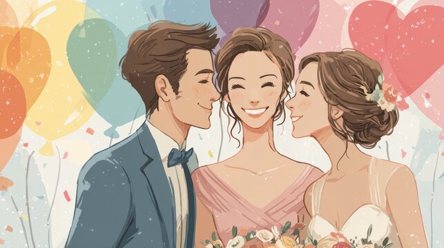 Happy Wedding couple in wedding party,Pride Month,love is love,honeymoon,same sex couple romantic time,WLW,MLM,valentine,sweet moment,freedom,festival parades,parties,Happy gays and lesbians concept.