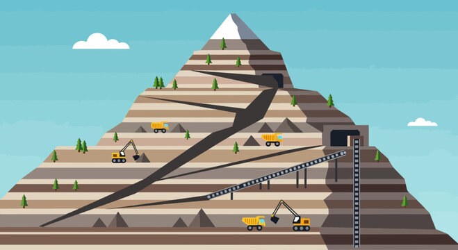 Open-pit mine on a mountain with excavators, trucks, and tunnels