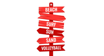 Red wooden directional signpost with beach, surf, sun, sand, volleyball text on white background © kholid