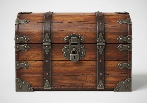 Antique wooden treasure chest with metal straps and padlock on white background