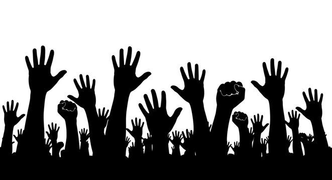 Silhouette Crowd Hands Raised Up, Voting, Participation, Celebration, Unity