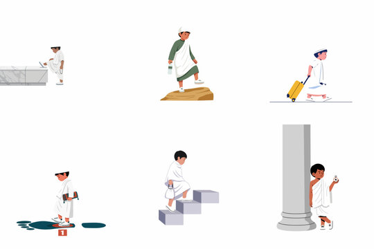 Illustration Set of Muslim Boy Characters Performing Hajj and Umrah Rituals in Ihram Clothing on a White Background