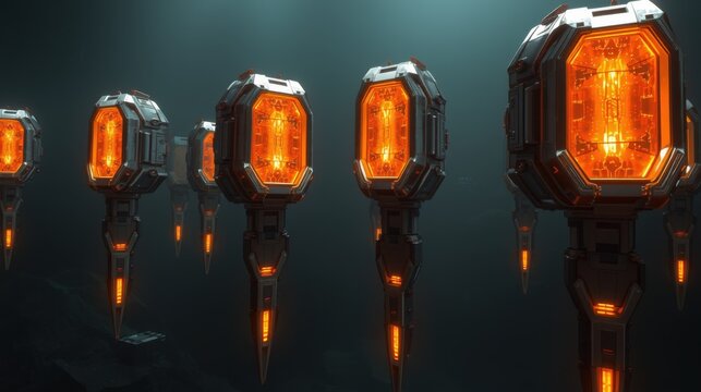 Futuristic glowing objects float in darkness. Geometric shapes emit warm light, creating dramatic visual effect. Minimalist composition, high detail.