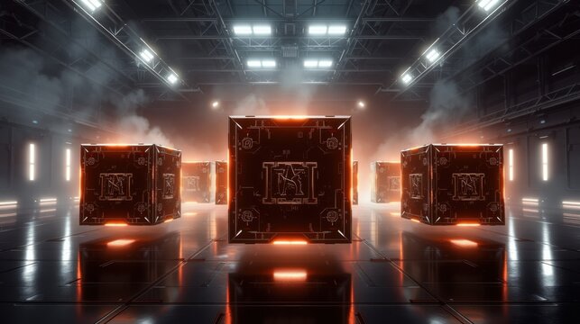Futuristic warehouse scene. Glowing cubes illuminate dark metallic floor, creating dramatic lighting effects. Smoke adds atmosphere.