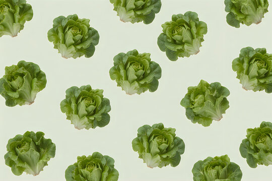 Pattern of fresh green butter lettuce heads arranged on a light gray background