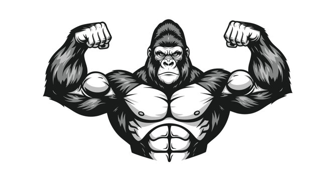 Muscular Gorilla Flexing Biceps, Strong Ape Mascot, Powerful Primate