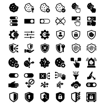 Cookie consent banners and data privacy icons set. Black silhouette icons pack of website tracking cookies, privacy opt-out toggles, user data protection shields, and regulation compliance symbols