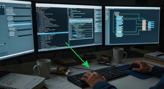 Programmer Coding on Triple Monitor Setup with Coffee Mug.