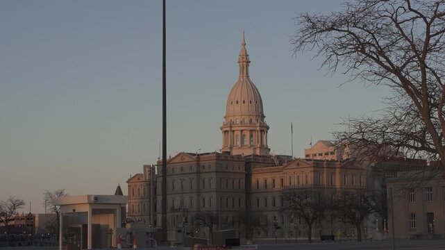 Michigan State Capitol Dome Rising Above Downtown Lansing at Golden Hour