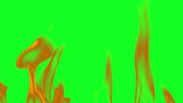 Flickering horizontal fire line animation on green screen chroma key background with realistic orange red flames burning intensely flickering horizontally for VFX video editing motion graphics