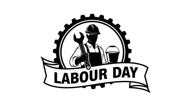 Labour day emblem with a worker holding a wrench and a bucket, surrounded by a gear, isolated on white background