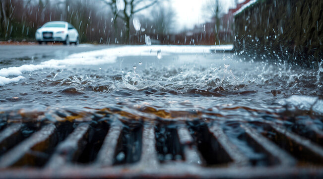 Closeup view of rainwater flowing into a street drain during heavy rainfall on city roads