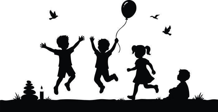 Children silhouette dancing together joyful celebration sticker energetic kids activity decorative black vector illustration isolated artwork
