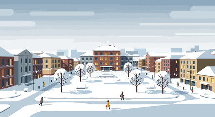 Cozy Winter Town Square with Snow-Covered Buildings and Bare Trees © Ilma