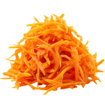 Pile of fresh julienned carrots on white background