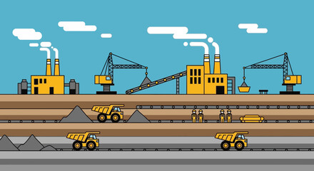 Industrial Mining Operation with Trucks, Plants, and Cranes © Ilma