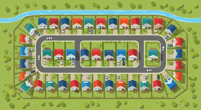 Colorful suburban neighborhood aerial view, houses arranged in a cul-de-sac with a river.