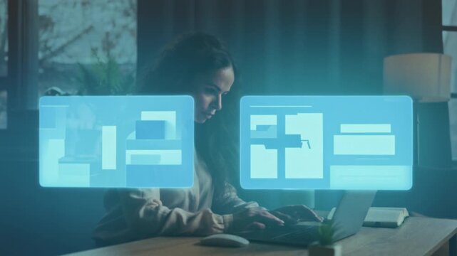 Woman working digitally, Typing on futuristic hologram screen, Cozy room with holographic digital interface