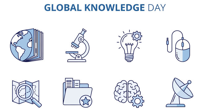 A graphic featuring GLOBAL KNOWLEDGE DAY in text above two rows of eight lineart icons representing science and tech