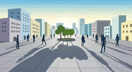 Urban cityscape with people walking in a plaza, modern architecture, green trees, and long shadows. © Ilma