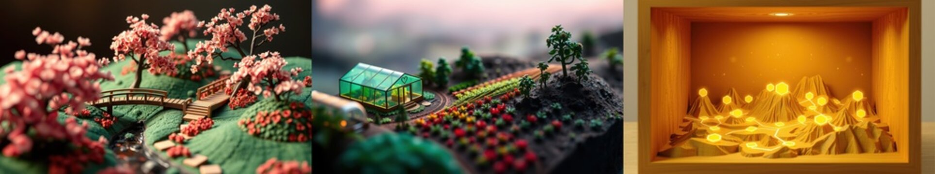 Miniature landscapes showcase detailed gardens, greenhouse, glowing lights. Artistic presentation, vibrant colors, tiny scale models.