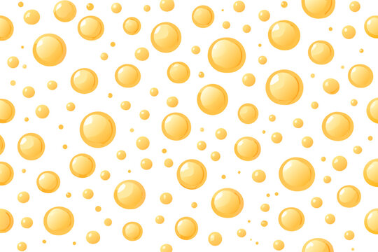 Seamless pattern of glossy golden bubbles with soft highlights, bright orange vector texture isolated on transparent background for soda, foam, honey, skincare, party and abstract designs.