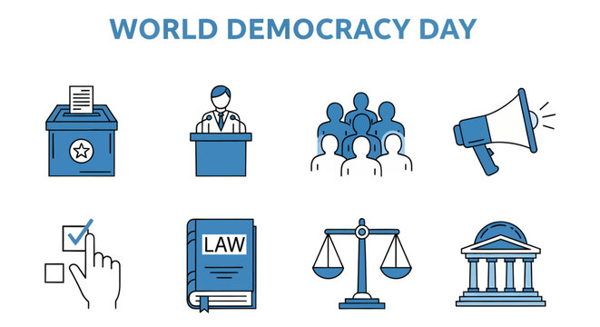 Eight blue and white icons for World Democracy Day featuring symbols of voting law government and public expression