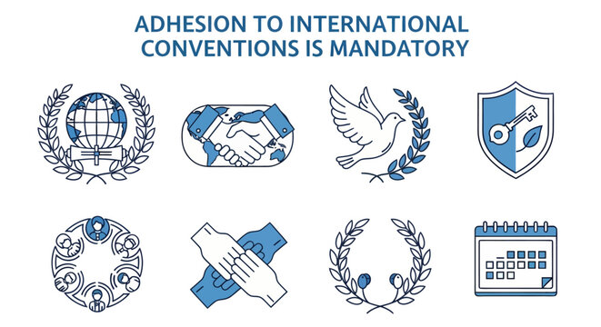 Eight blue and white line icons arranged in two rows beneath the bold text ADHESION TO INTERNATIONAL CONVENTIONS IS MANDATORY