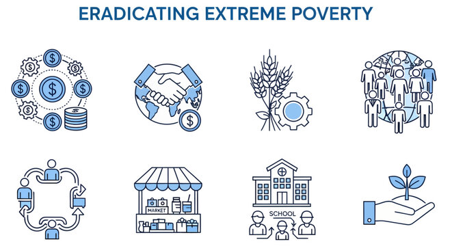 Eight blue and white line art icons depicting symbols related to poverty reduction arranged in two rows