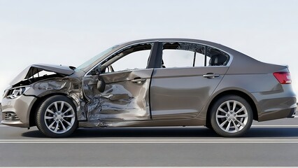 Naklejka premium Damaged gray sedan car after a traffic accident on the road