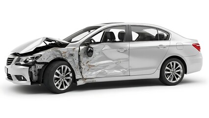 Obraz premium Silver sedan car with significant front and side collision damage isolated on white background