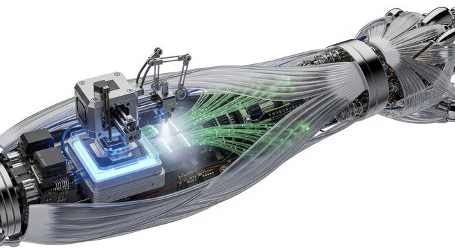 Human forearm with 3D printer inside, futuristic medical technology concept