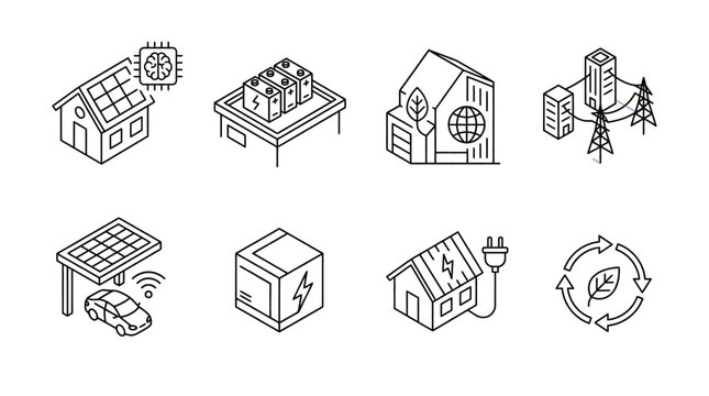 Modern Rooftop Solar Energy Line Vector Icon Set Collection