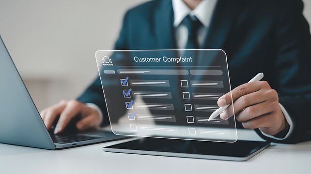 Businessman interacting with transparent customer complaint form on tablet at office desk