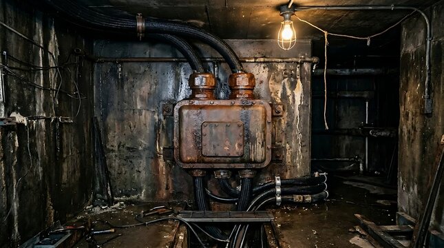 Abandoned utility room with rusty electrical equipment and a lit bulb abandoned electrical equipment