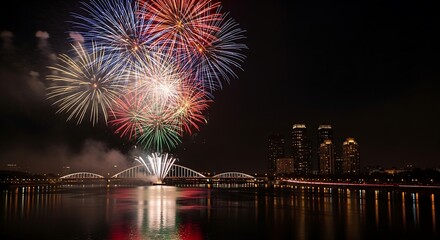 Fototapeta premium Colorful fireworks display over a bridge and water at night