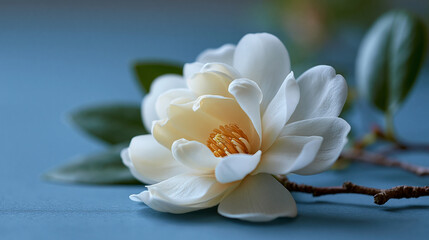 Fototapeta premium Close Up of White Magnolia Blossom with Branch and Leaves on Calm Blue Background
