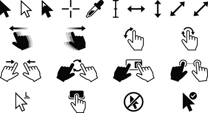 Mouse cursor and hand gesture icons set, UI UX interface elements collection for web and mobile app design, touch screen interaction signs, click, swipe, pinch, drag, scroll, rotate, resize, pointer.