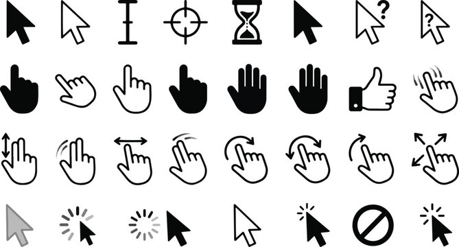 Mouse cursor and hand gesture icons set, UI UX interface elements collection, touch screen signs, click, swipe, pinch, drag, zoom, scroll, pointer, hourglass, crosshair, arrow, hand, web design.