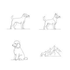 Fototapeta premium Continuous line art of dogs holding bones and sitting poodle in simple aesthetic minimalist style.
