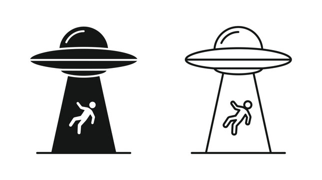 Extraterrestrial encounter concept ufo alien abduction icons in black silhouette and outline on white background