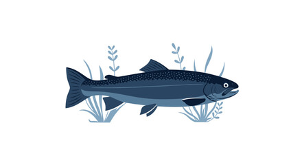 Fototapeta premium Stylized Salmon Fish Swimming Underwater with Aquatic Plants